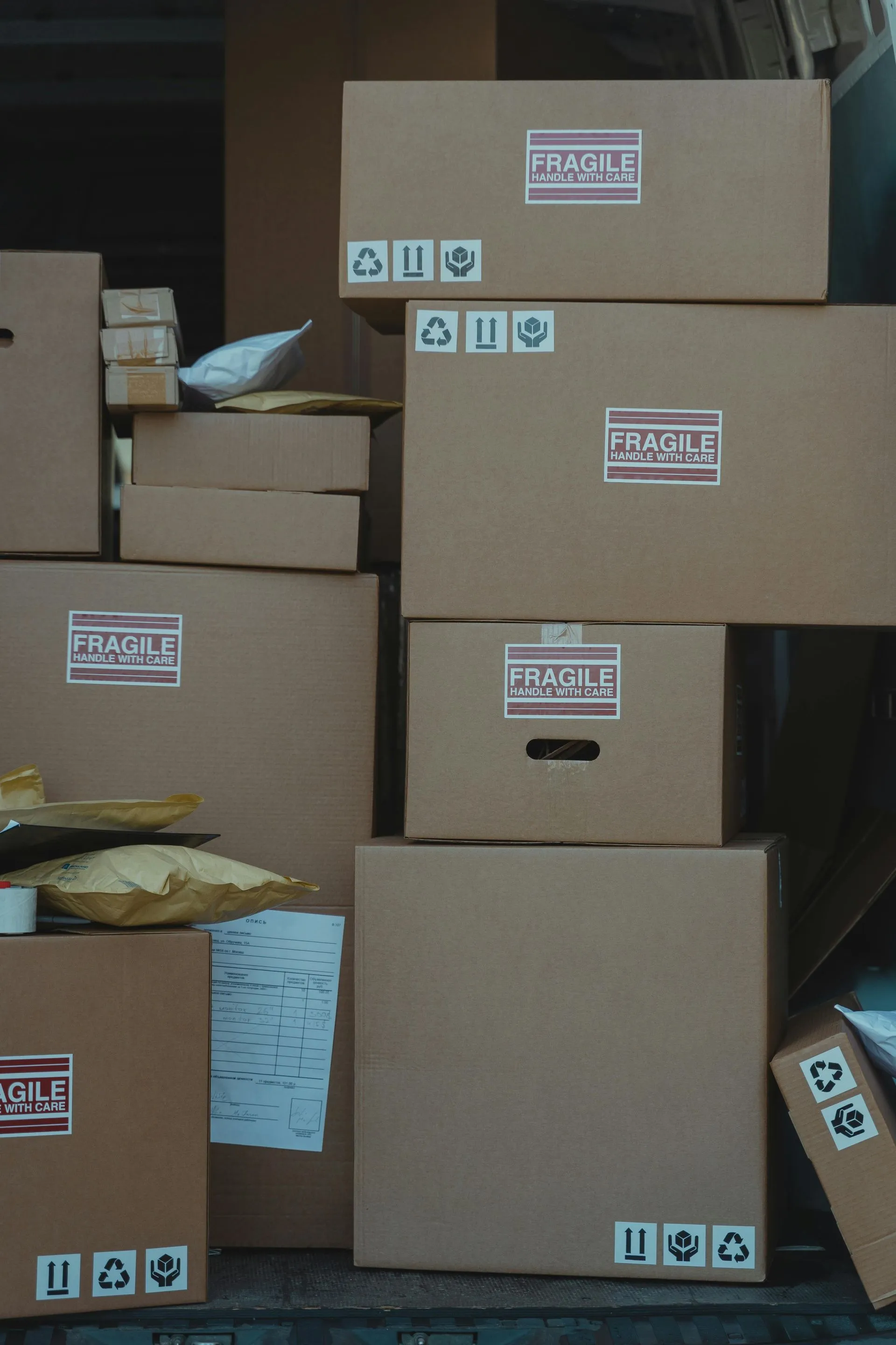 Cardboard boxes labeled fragile stacked and ready for storage